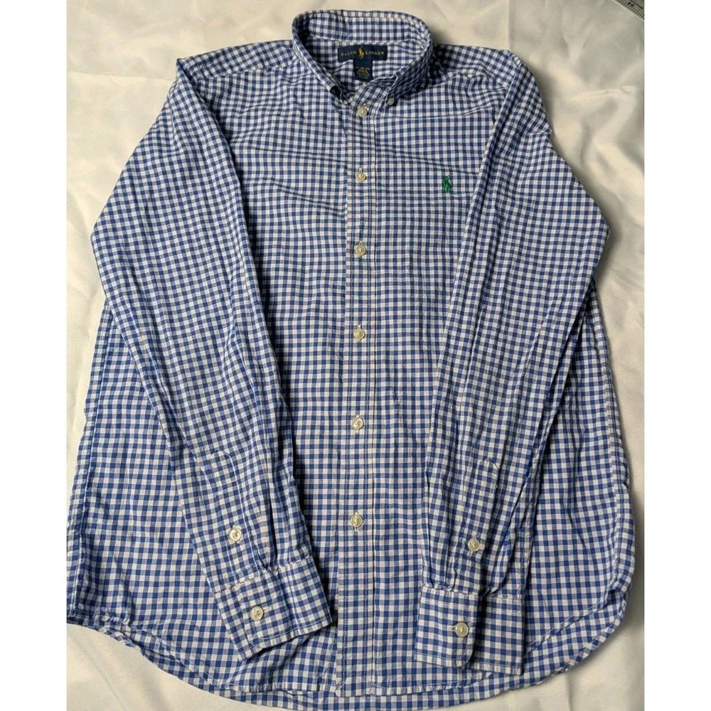 Polo Ralph Lauren Boys 18-20 Blue & White Gingham Button Up Shirt Long Sleeve